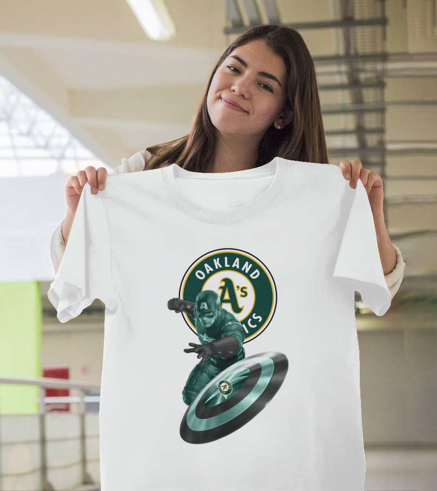Oakland Athletics A's Logo with Captain America's Shield and Heroic Pose T-Shirt