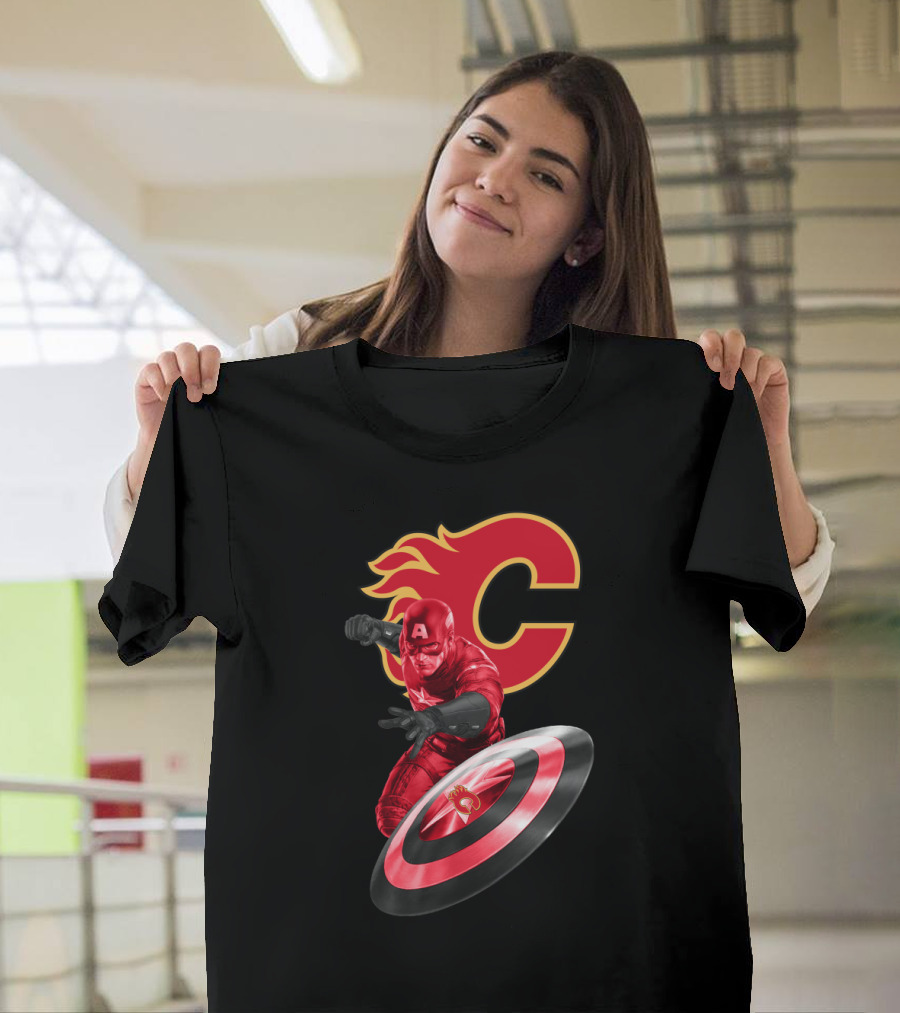 Calgary Flames And Captain America Shield Fusion Marvel Fans T-Shirt