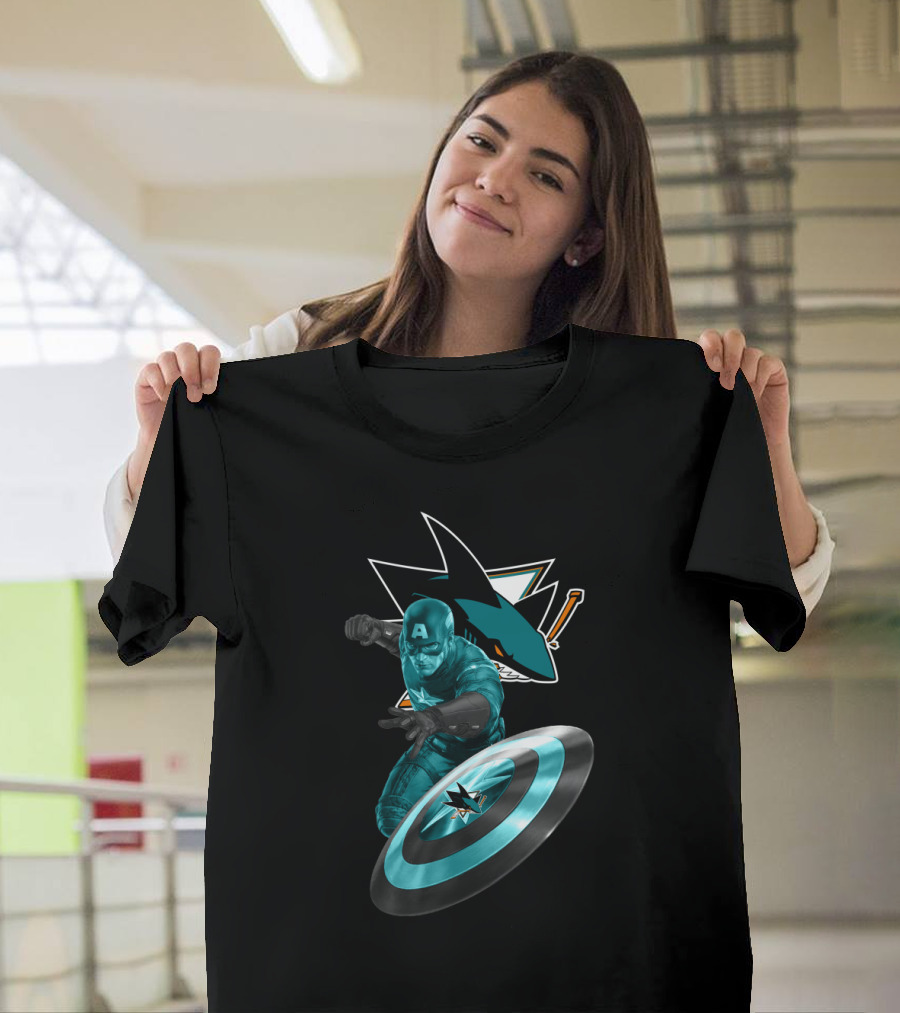 San Jose Sharks and Captain America Superhero Fan Crossover T-Shirt
