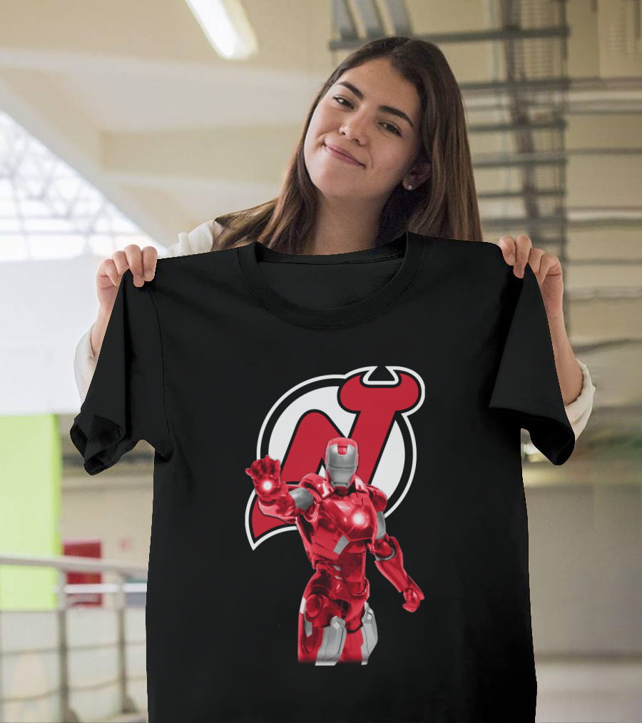New Jersey Devils Iron Man Crossover with Iconic Armor and Team T-Shirt