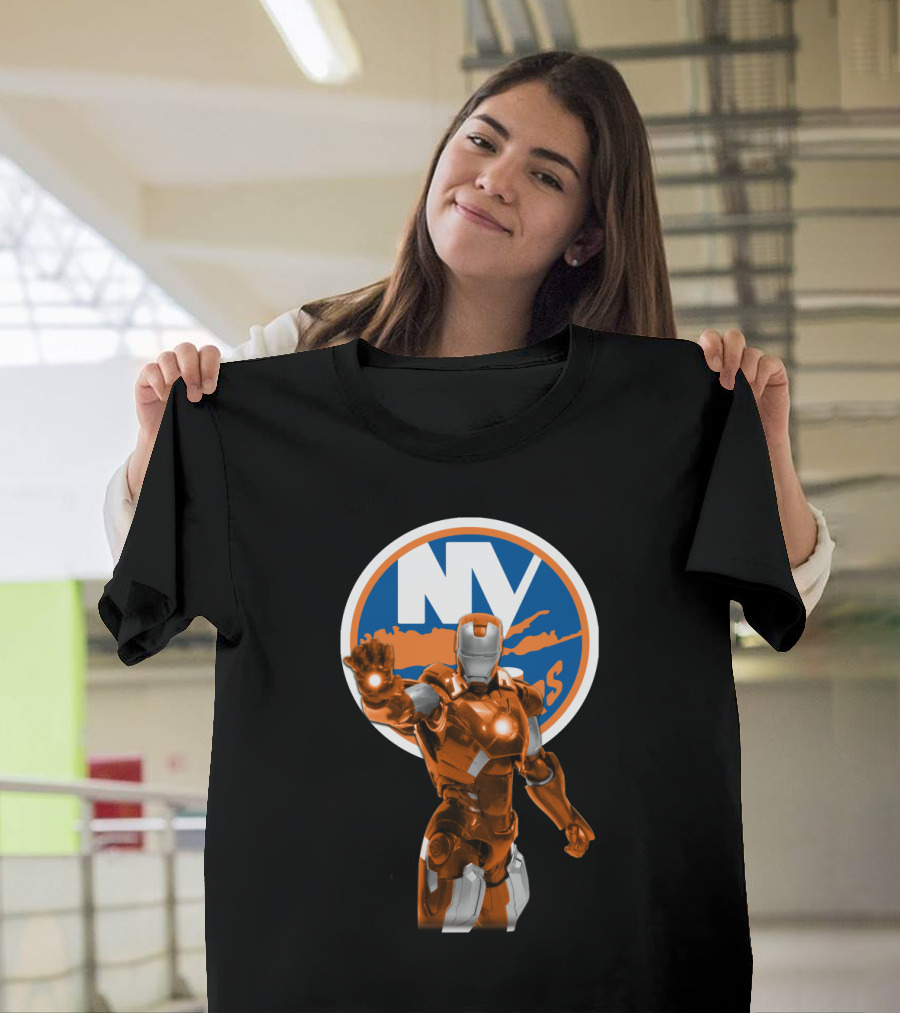 Iron Man New York Islanders Crossover Graphic Featuring NY Logo Background T-Shirt