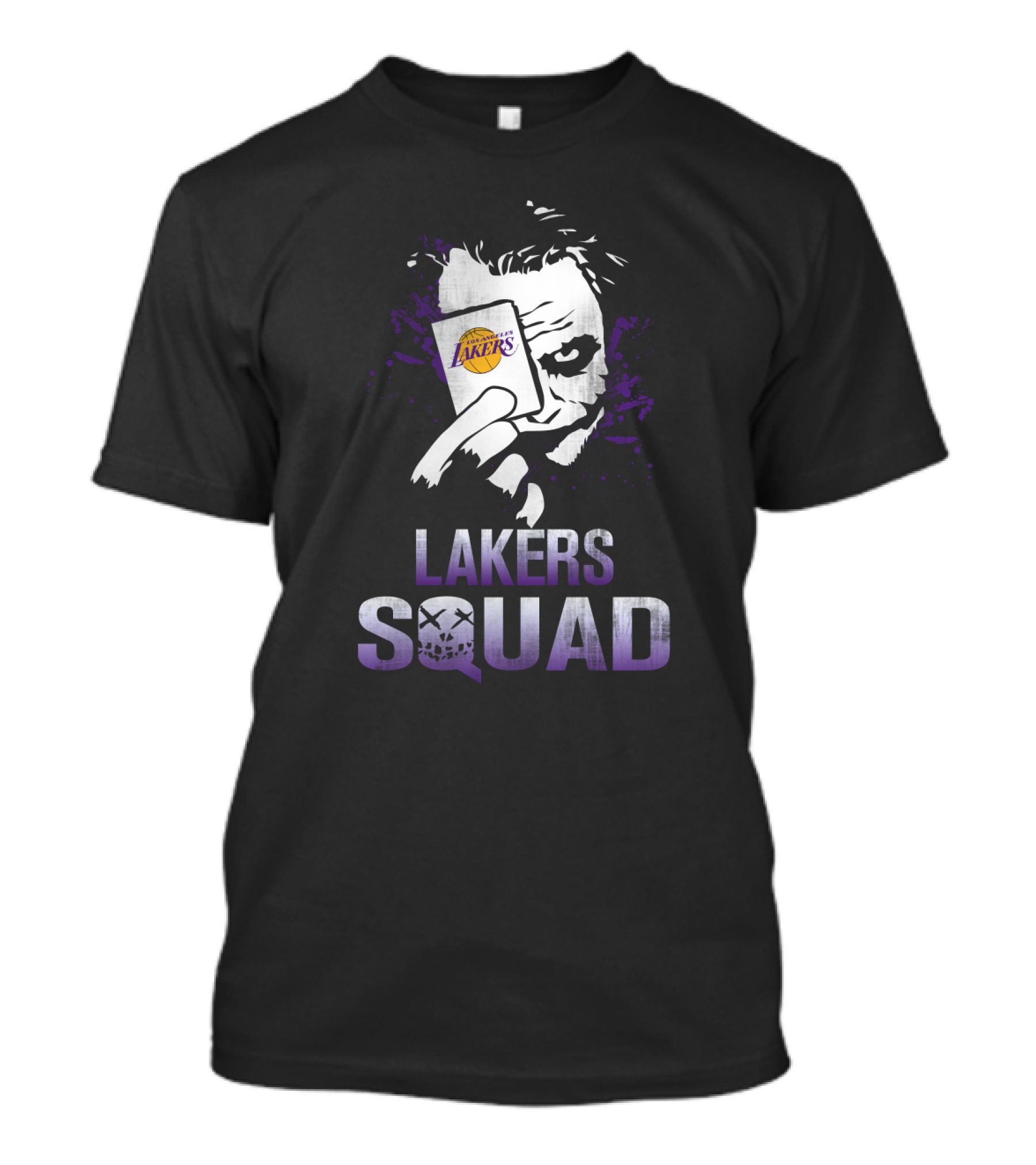 Joker Holding Lakers Card Above Lakers Squad T-Shirt