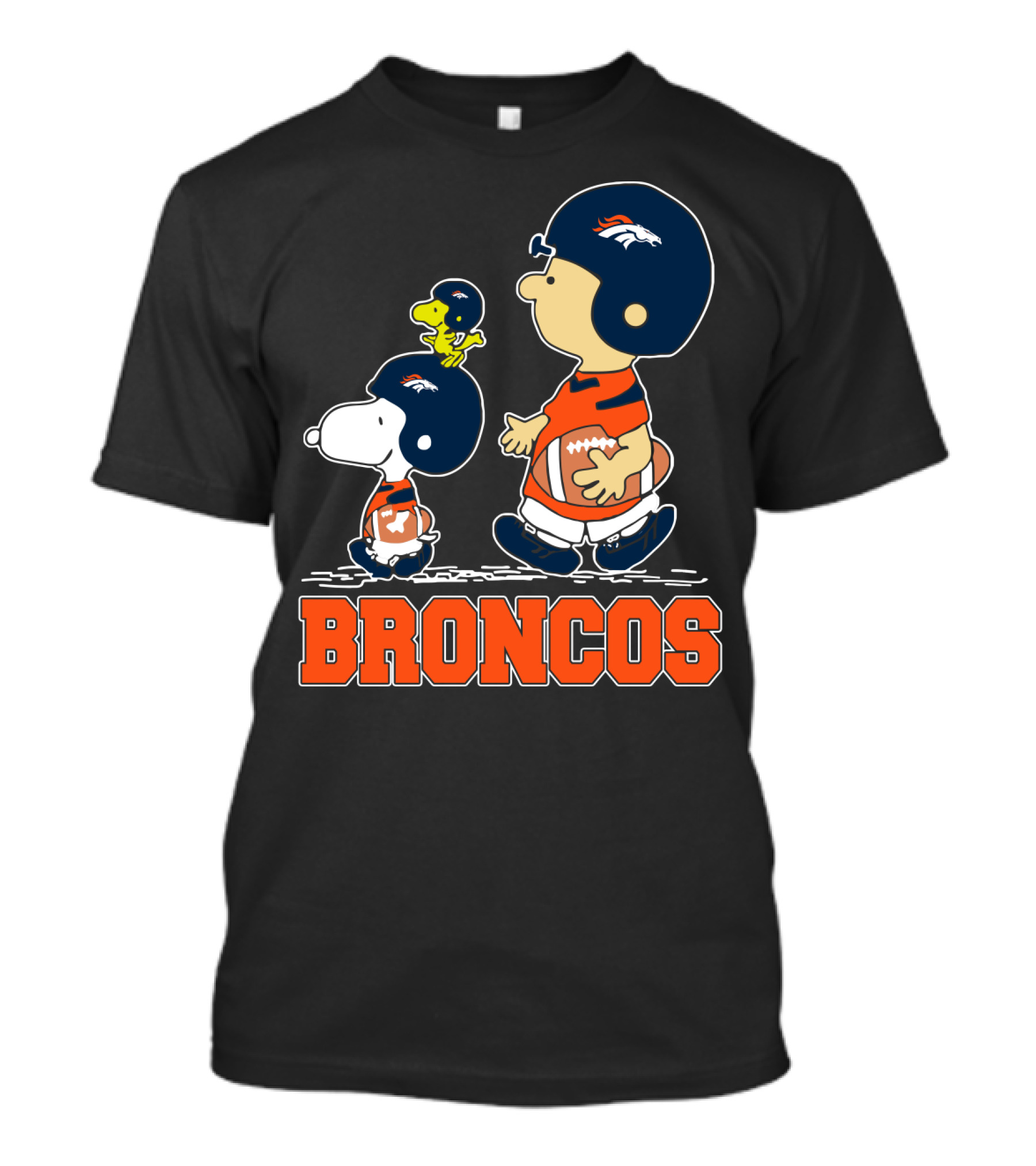 Snoopy Woodstock And Charlie Brown In Denver Broncos Helmets With Broncos T-Shirt