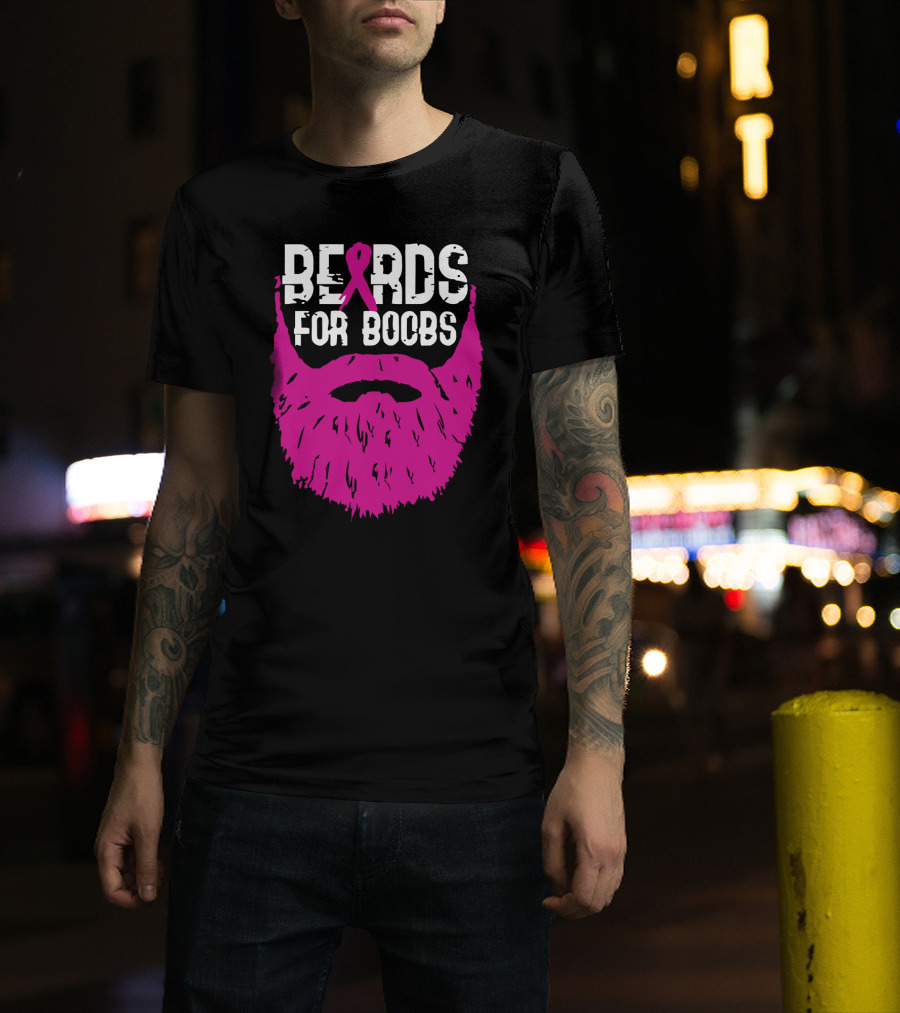 Beards For Boobs Breast Cancer Awareness Pink Ribbon Beard T-Shirt