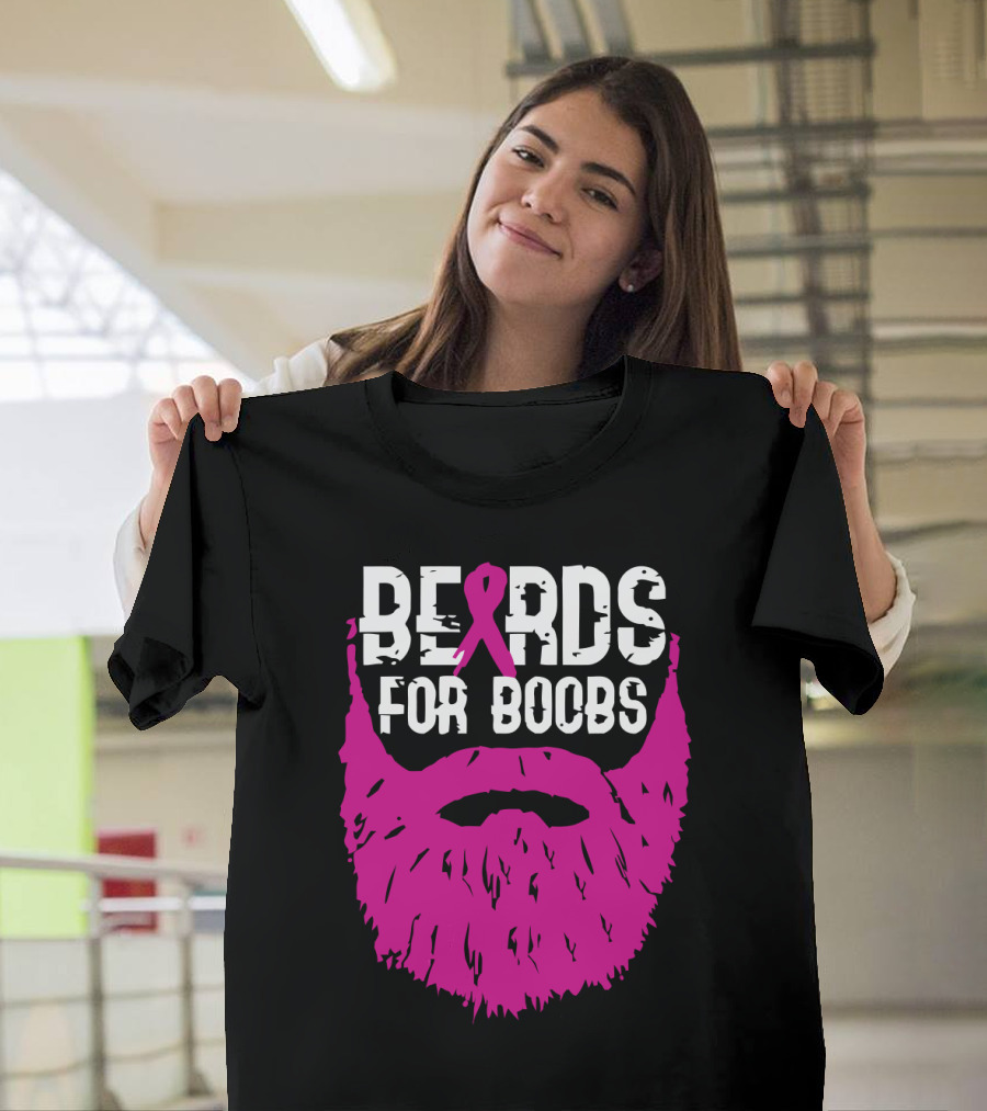 Beards For Boobs Breast Cancer Awareness Pink Ribbon Beard T-Shirt