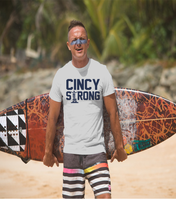 Cincy Strong Text With Statue Symbol In Bold Blue Letters T-Shirt