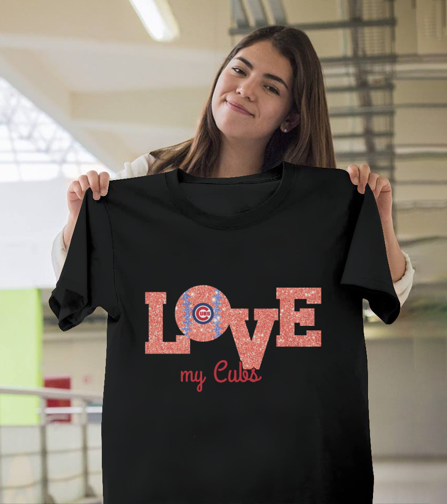 Sparkling Love My Cubs Chicago Cubs Fans Glitter Text T-Shirt