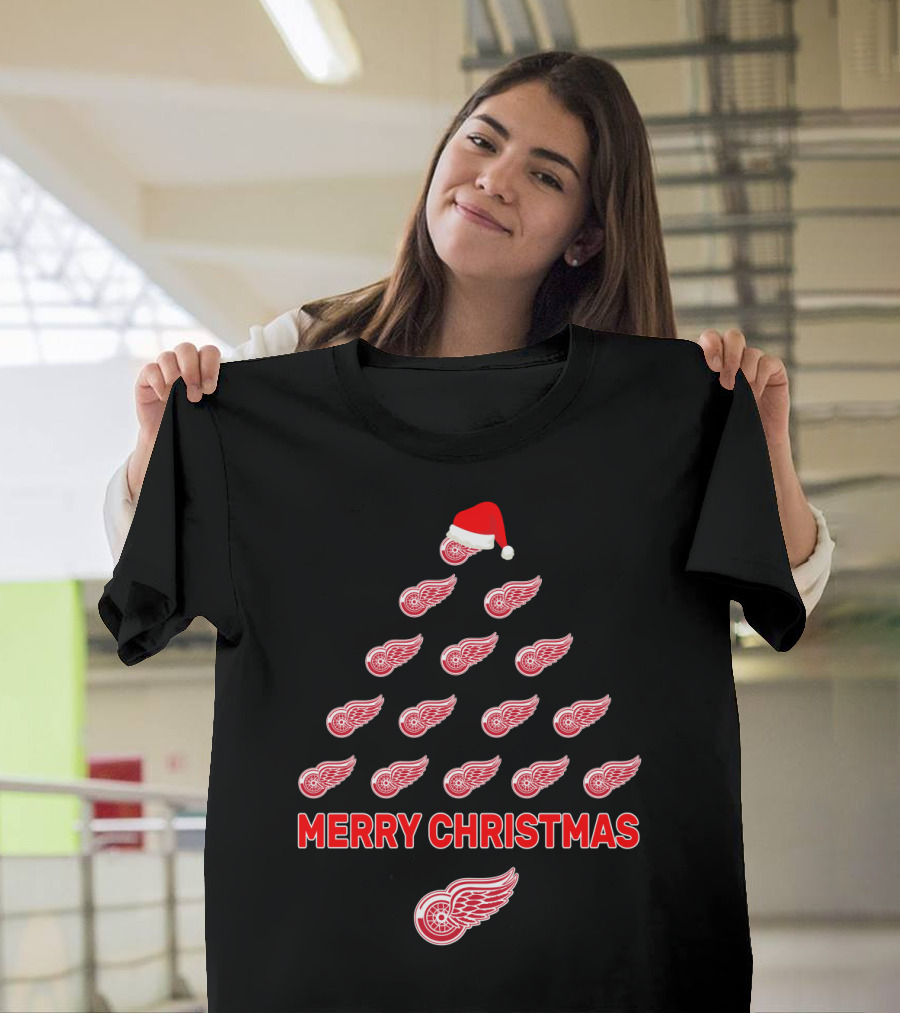 Merry Christmas Detroit Red Wings Tree With Logos T-Shirt