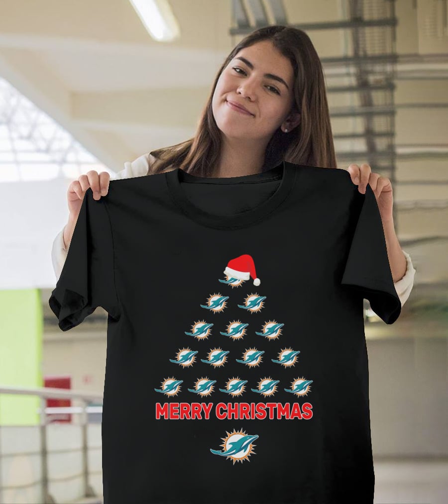 Merry Christmas Miami Dolphins Tree With Santa Hat T-Shirt