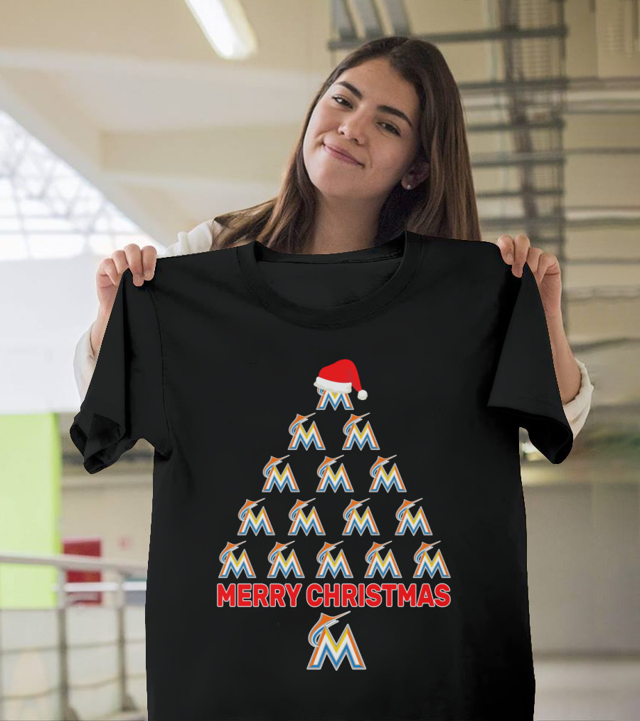 Merry Christmas Miami Marlins Logo Christmas Tree With Santa Hat T-Shirt