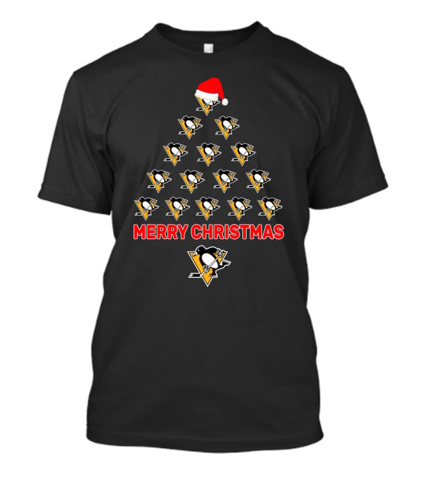Merry Christmas Pittsburgh Penguins Santa Hat Hockey Tree T-Shirt