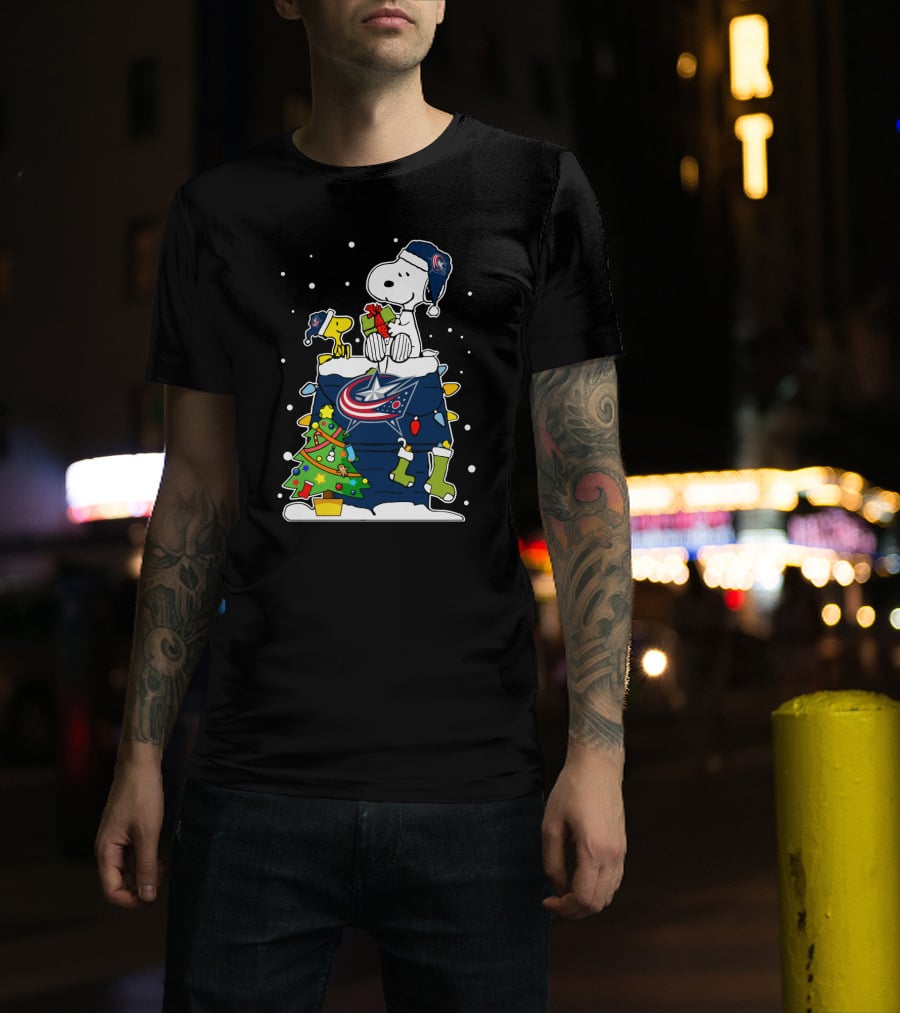Columbus Blue Jackets Snoopy With Woodstock Christmas T-Shirt