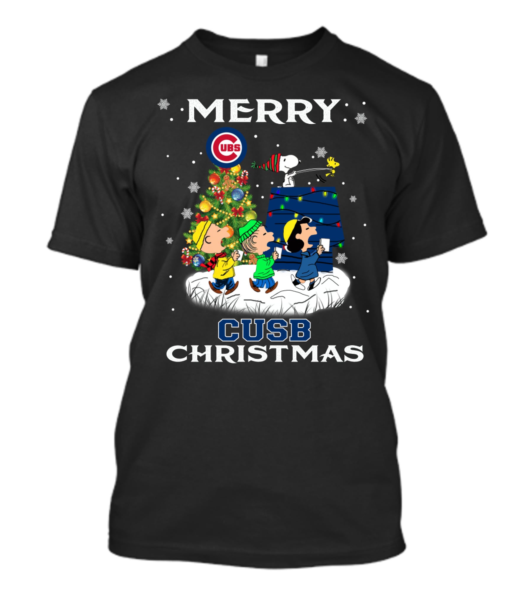 Merry Cubs Christmas Peanuts Characters And Snoopy Lights T-Shirt