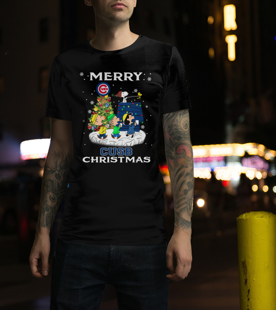 Merry Cubs Christmas Peanuts Characters And Snoopy Lights T-Shirt