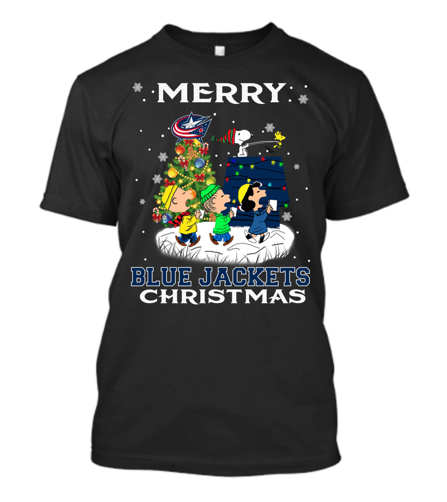 Merry Blue Jackets Christmas Snoopy With Tree And Characters T-Shirt