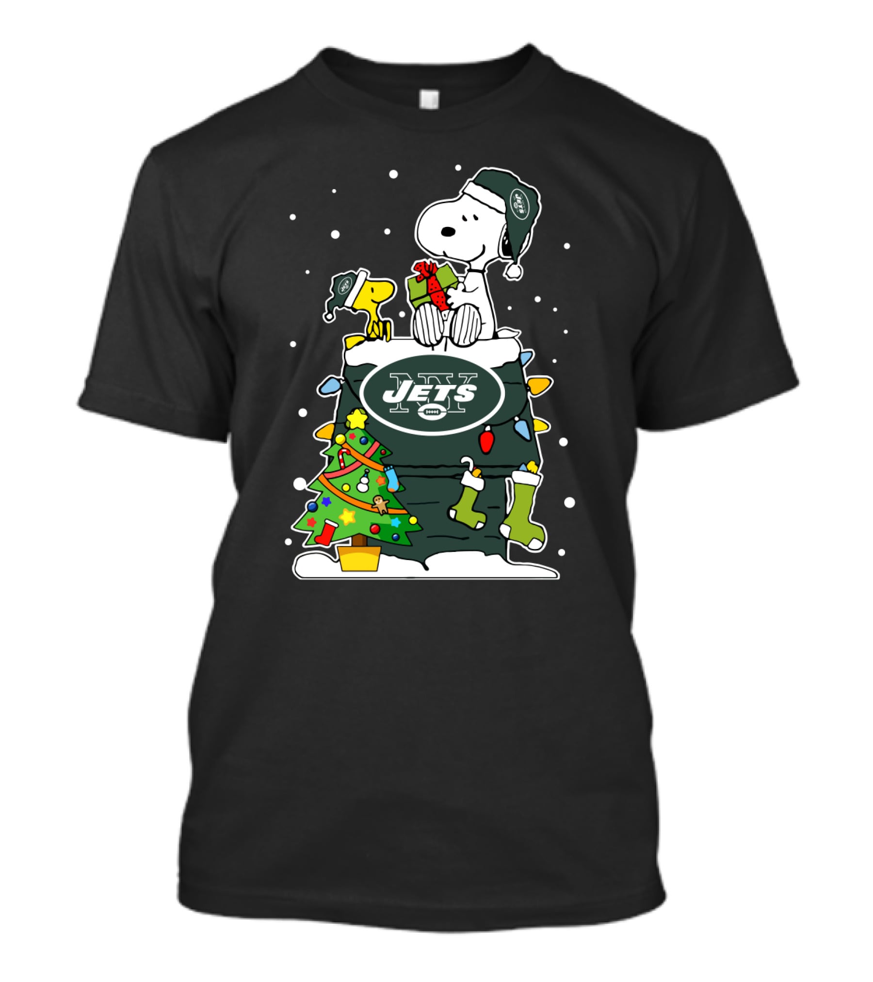 New York Jets Snoopy And Woodstock Christmas Gift With Tree And Snowflakes T-Shirt