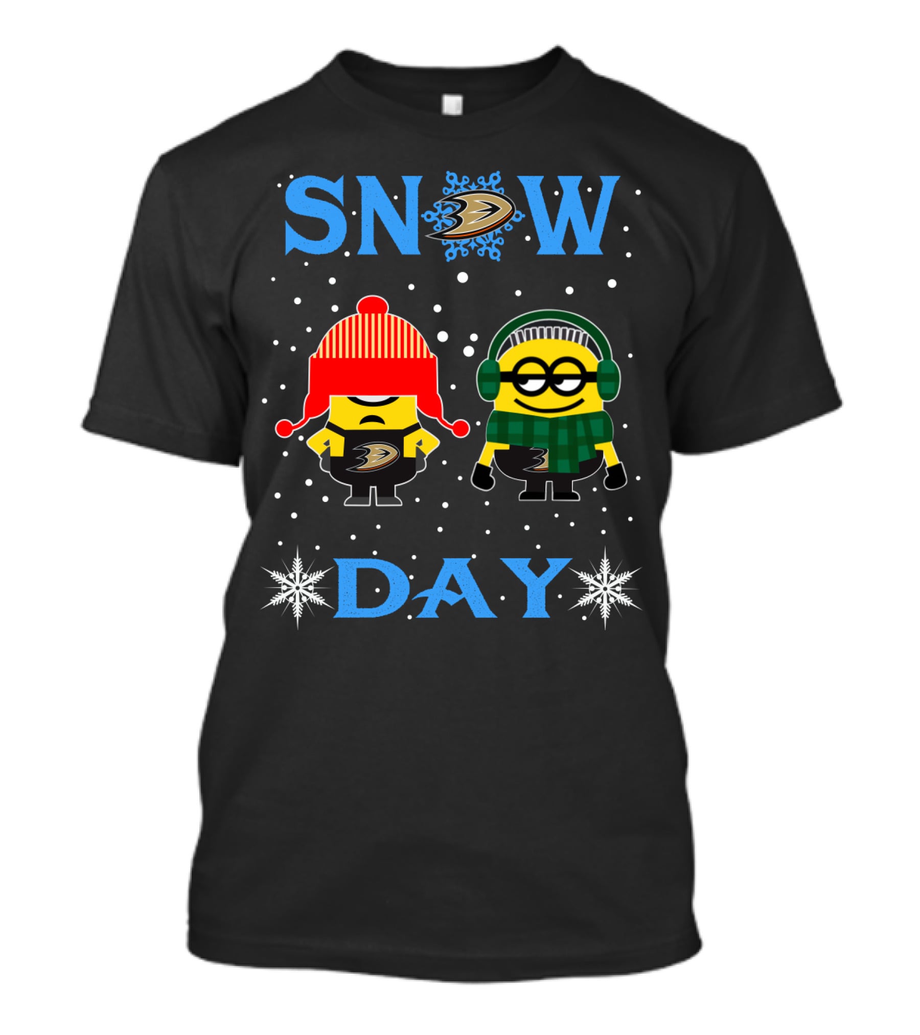 Snow Day Featuring Anaheim Ducks Logo And Minion Characters In Winter Gear T-Shirt