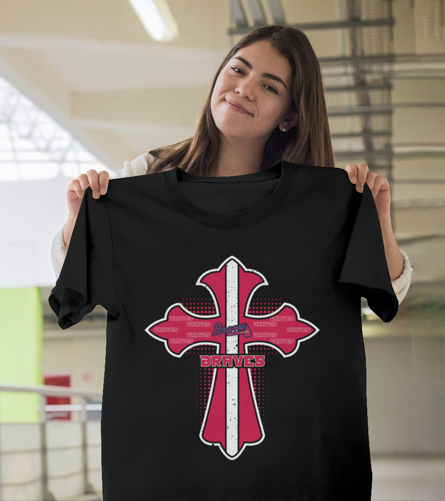 Atlanta Braves Fans Cross Featuring Team Logo and Repeated Braves Text T-Shirt