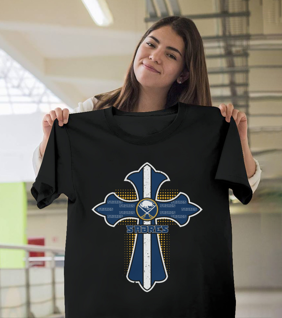 Buffalo Sabres Cross with Bold Team Logo and Blue Accents for Fans and Faith T-Shirt