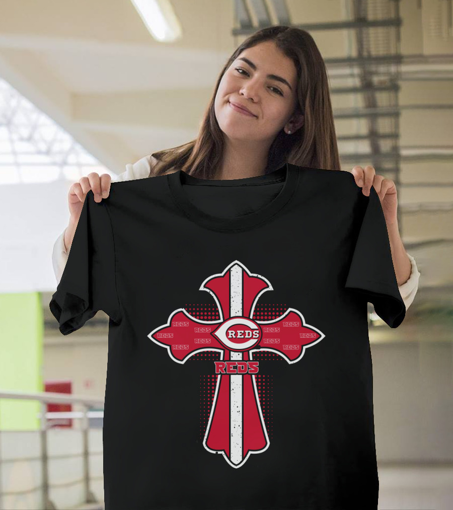 Cross Design Featuring Reds Logo for Cincinnati Reds Fans and Jesus Followers T-Shirt