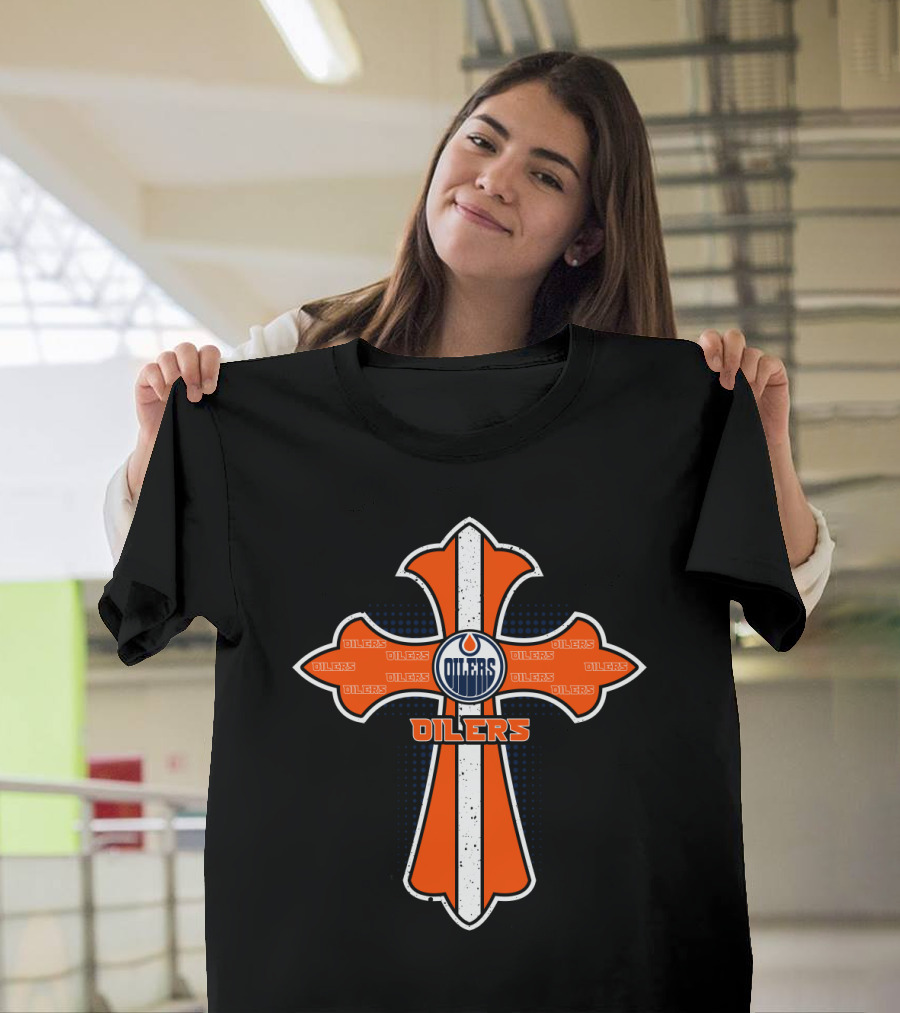 Oilers Cross Design for Edmonton Oilers Fans and Jesus Supporters T-Shirt