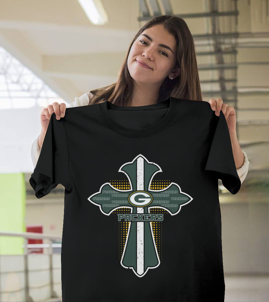 Cross Shaped Green Bay Packers Logo With Repeated Packers Text And Dotted T-Shirt
