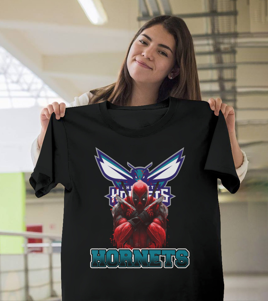 Charlotte Hornets Deadpool Crossover Fan Art Displaying Iconic Marvel Antihero with NBA Team T-Shirt