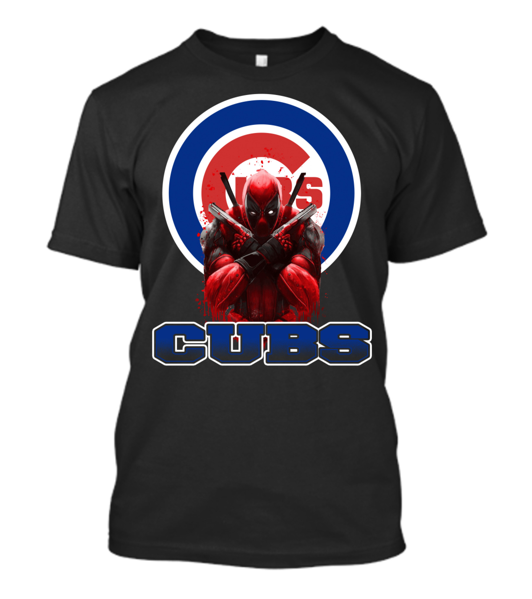 Deadpool With Crossed Swords Over Chicago Cubs Logo CUBS Text T-Shirt