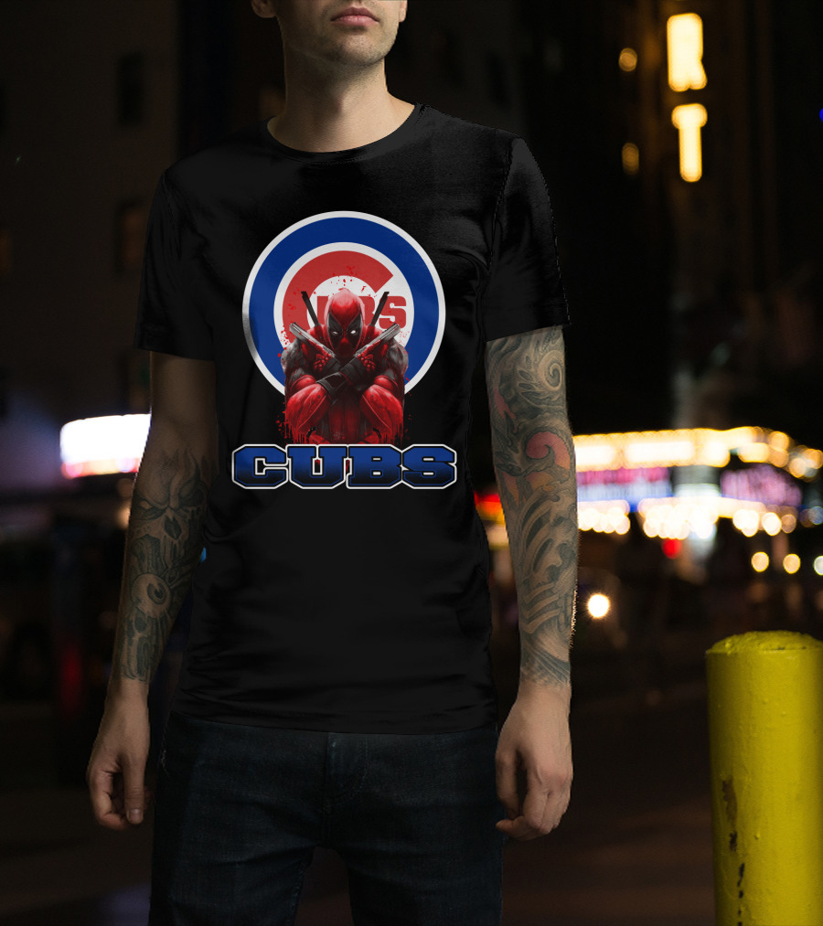 Deadpool With Crossed Swords Over Chicago Cubs Logo CUBS Text T-Shirt