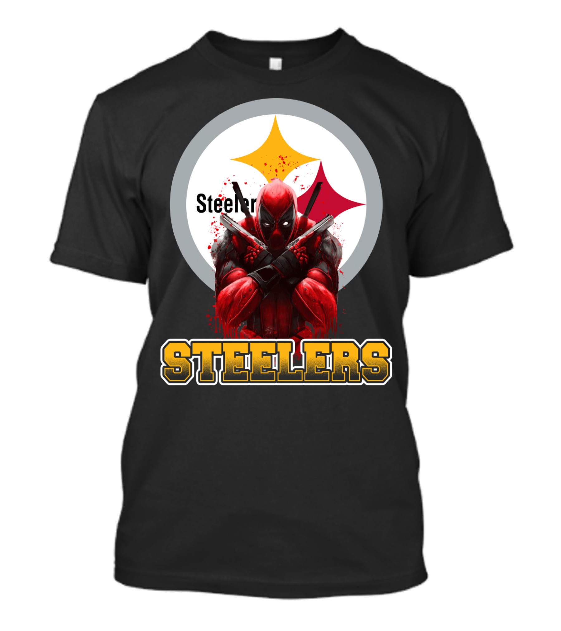 Steelers Deadpool Crossover With Pittsburgh Steelers Logo And Character Pose T-Shirt