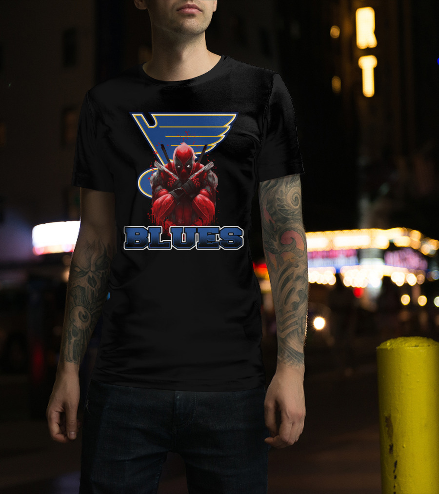 St. Louis Blues And Deadpool Crossover Fan Art With Iconic Blue And Yellow Hockey T-Shirt