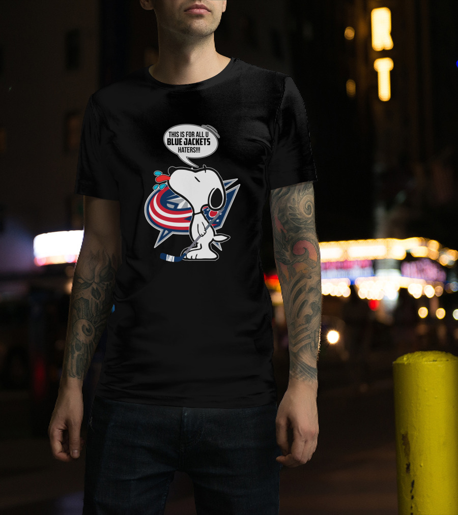 Snoopy With Columbus Blue Jackets Logo And Hockey Stick - Blue Jackets Haters Phrase T-Shirt
