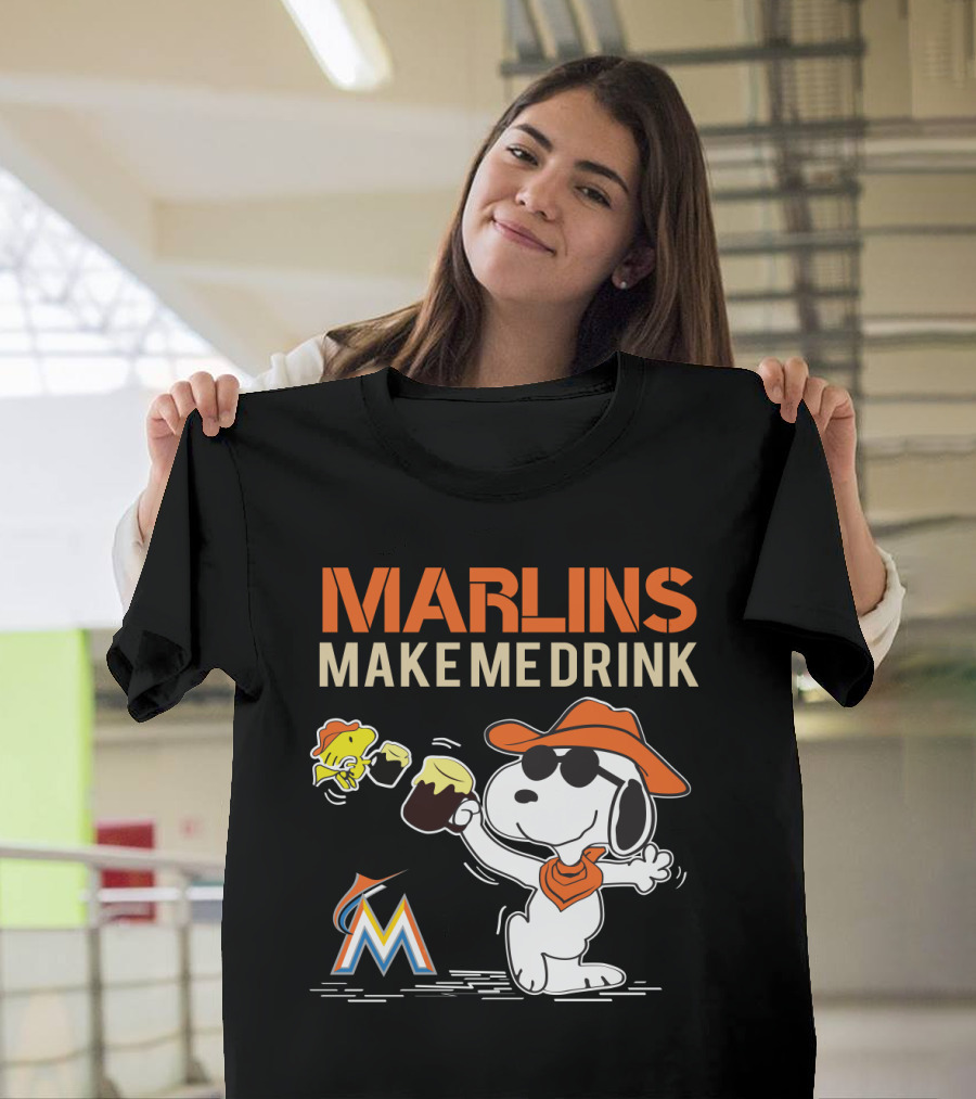 Marlins Make Me Drink Snoopy With Miami Marlins Logo And Beer Toast T-Shirt