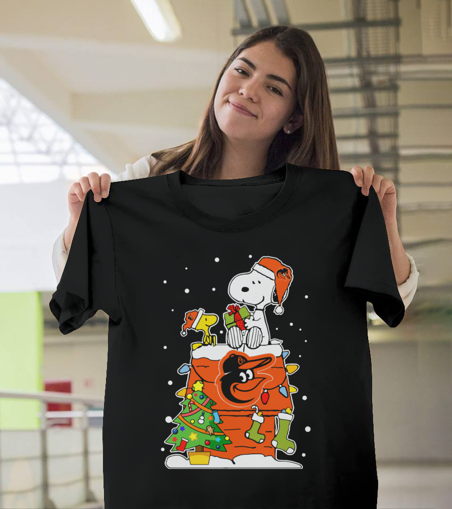 Baltimore Orioles Christmas Snoopy with Woodstock and Santa Hat T-Shirt