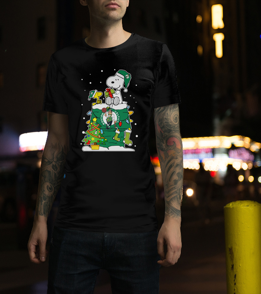 Boston Celtics Christmas Tree Snoopy And Woodstock Fan Favorite T-Shirt