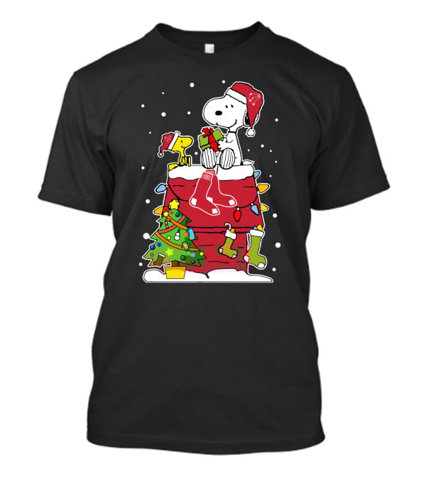 Boston Red Sox Christmas Snoopy Santa Hat With Woodstock Holiday Scene T-Shirt