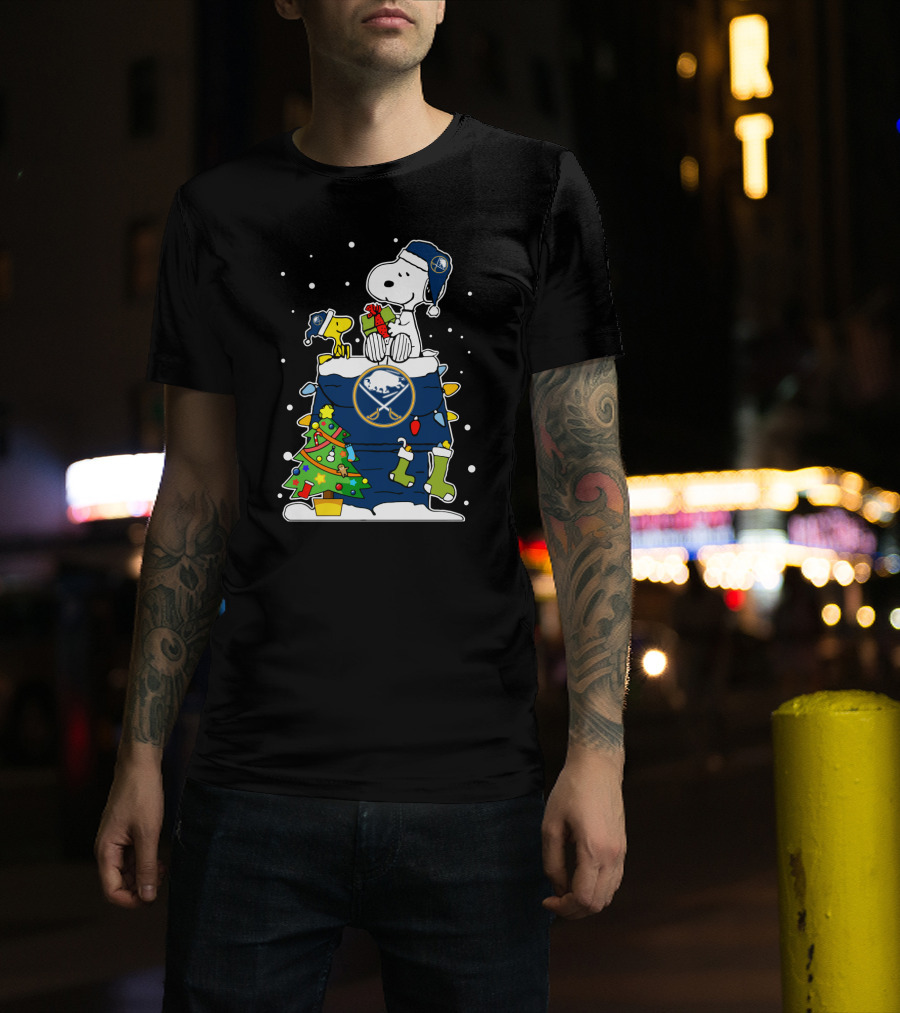 Buffalo Sabres Snoopy Christmas Gift With Woodstock And Holiday Tree T-Shirt