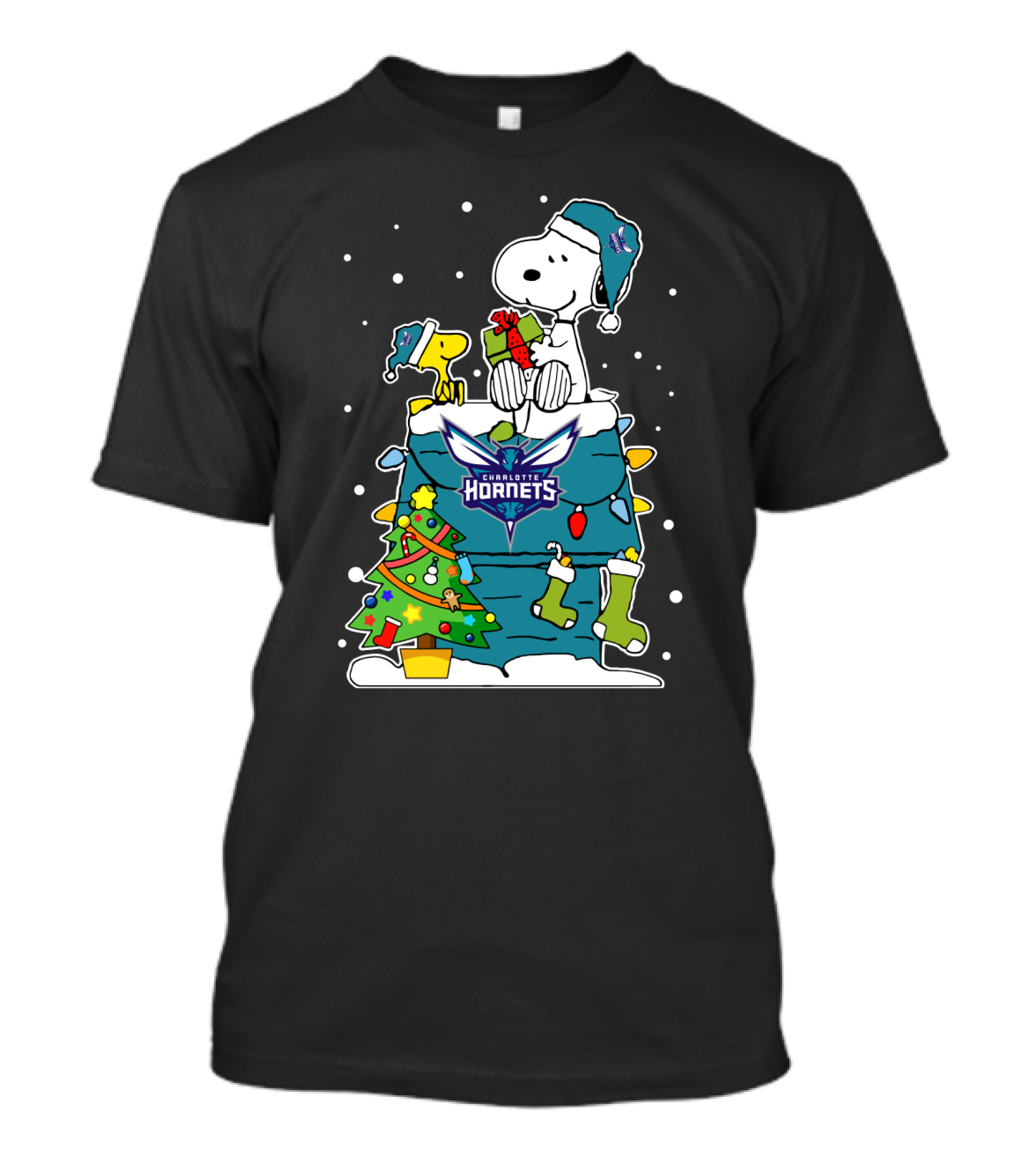 Charlotte Hornets Christmas Snoopy And Woodstock With Tree And Stockings T-Shirt