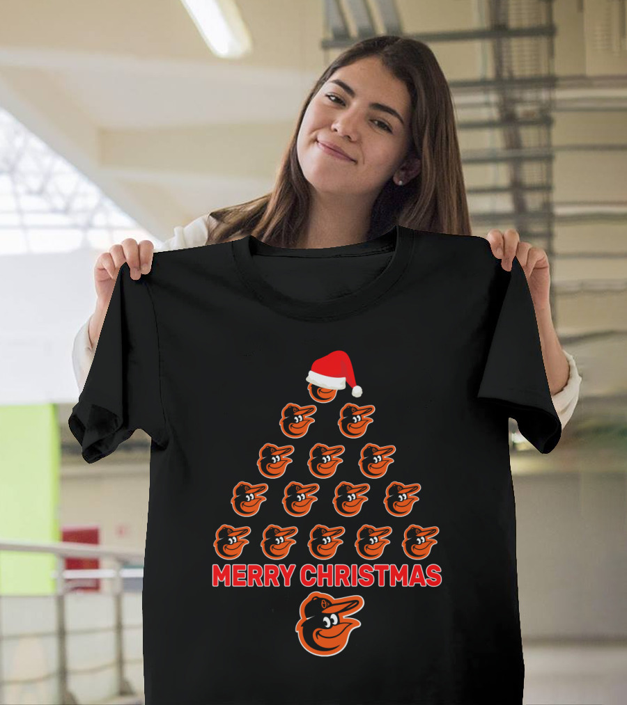 Merry Christmas Baltimore Orioles Tree with Team Logo and Santa Hat T-Shirt