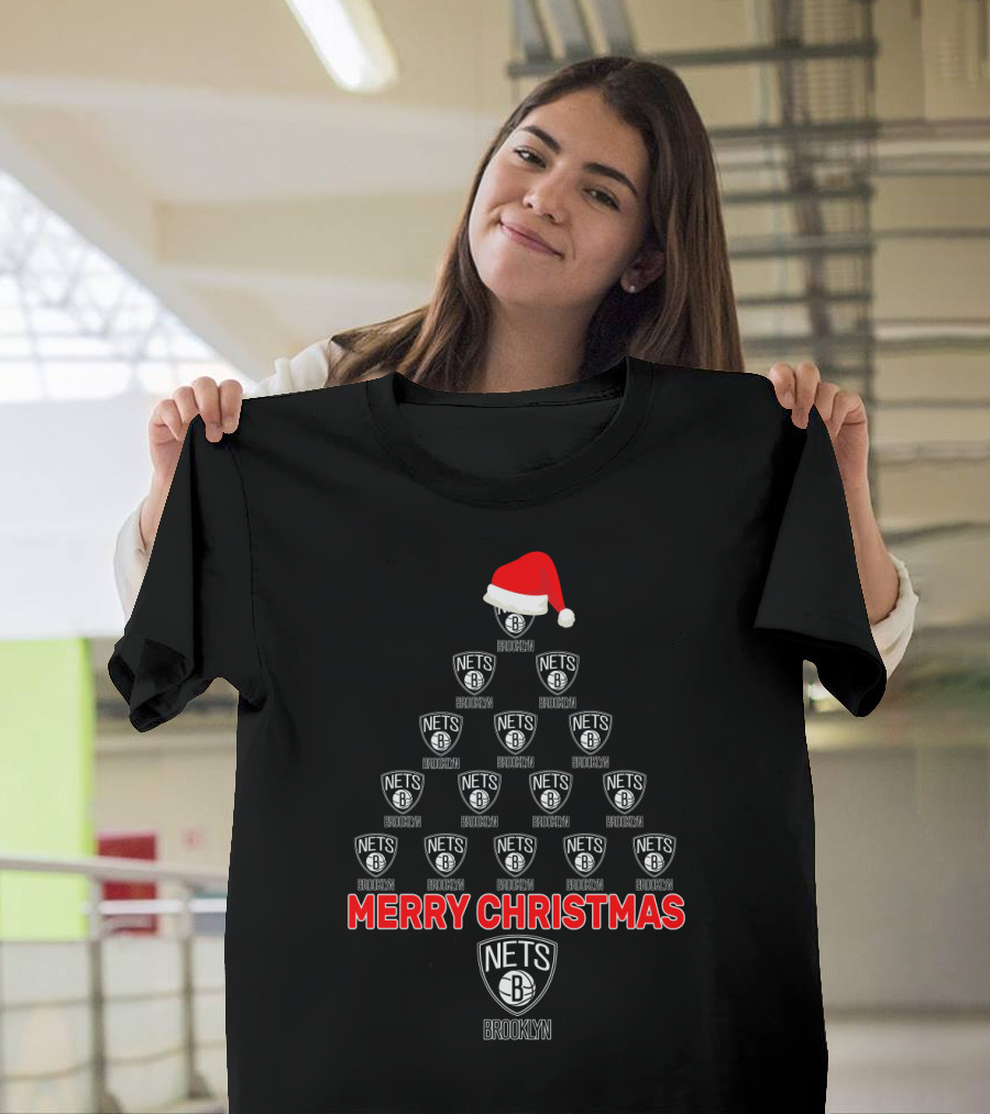 Brooklyn Nets Merry Christmas Tree With Santa Hat T-Shirt