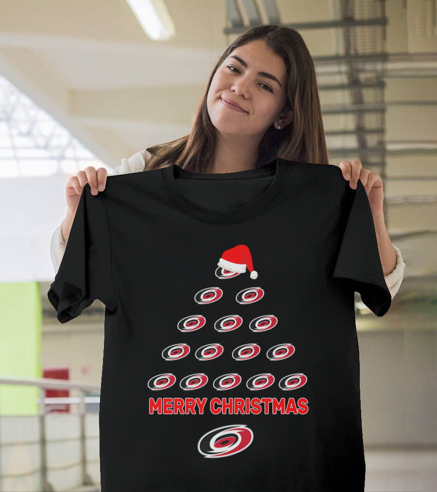 Merry Christmas Carolina Hurricanes Logo Christmas Tree with Santa Hat T-Shirt