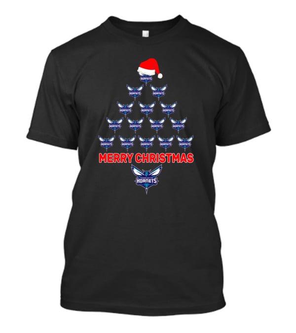 Merry Christmas Charlotte Hornets Tree With Santa Hat T-Shirt
