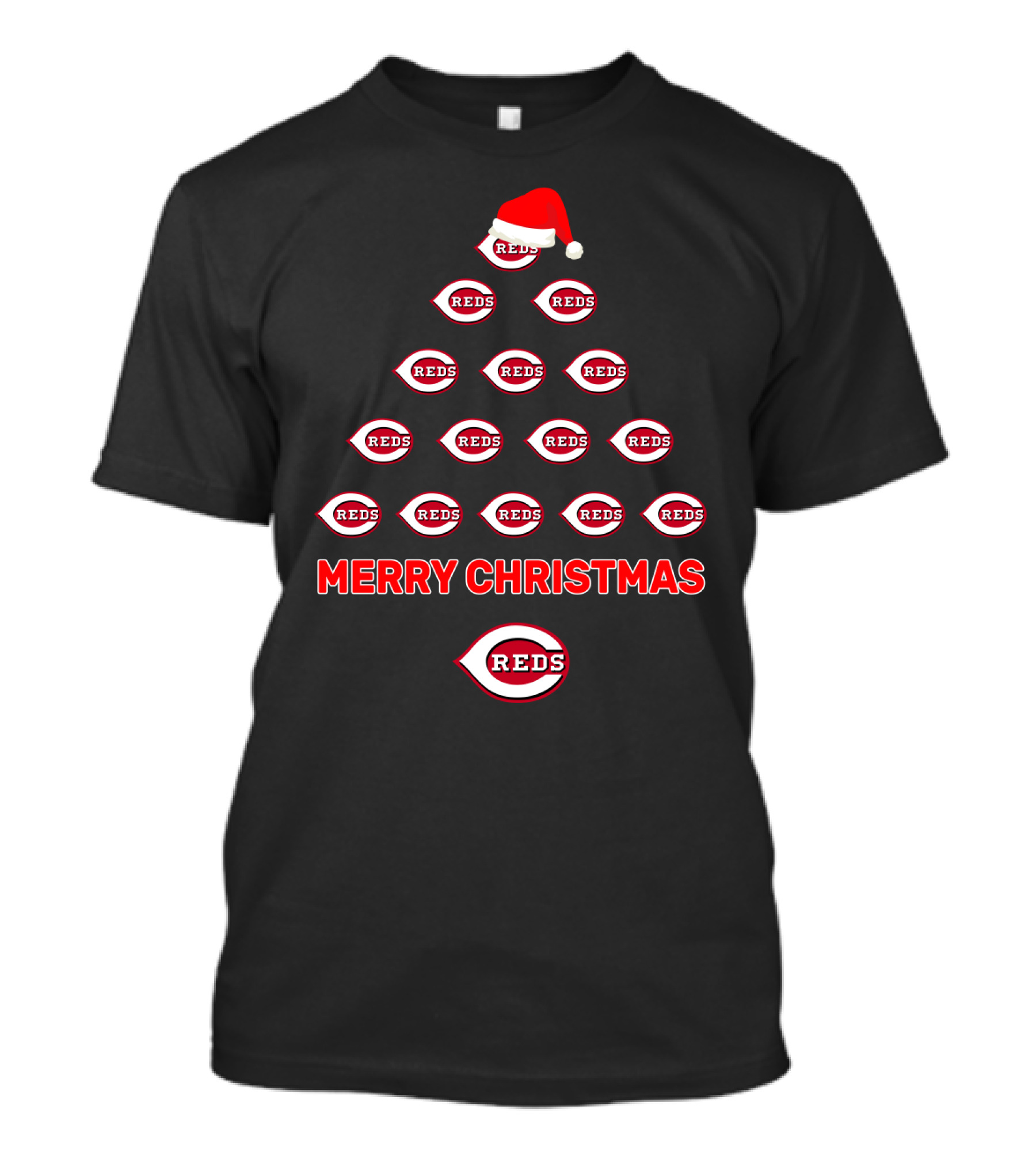Merry Christmas Cincinnati Reds Logos In Tree Formation With Santa Hat T-Shirt