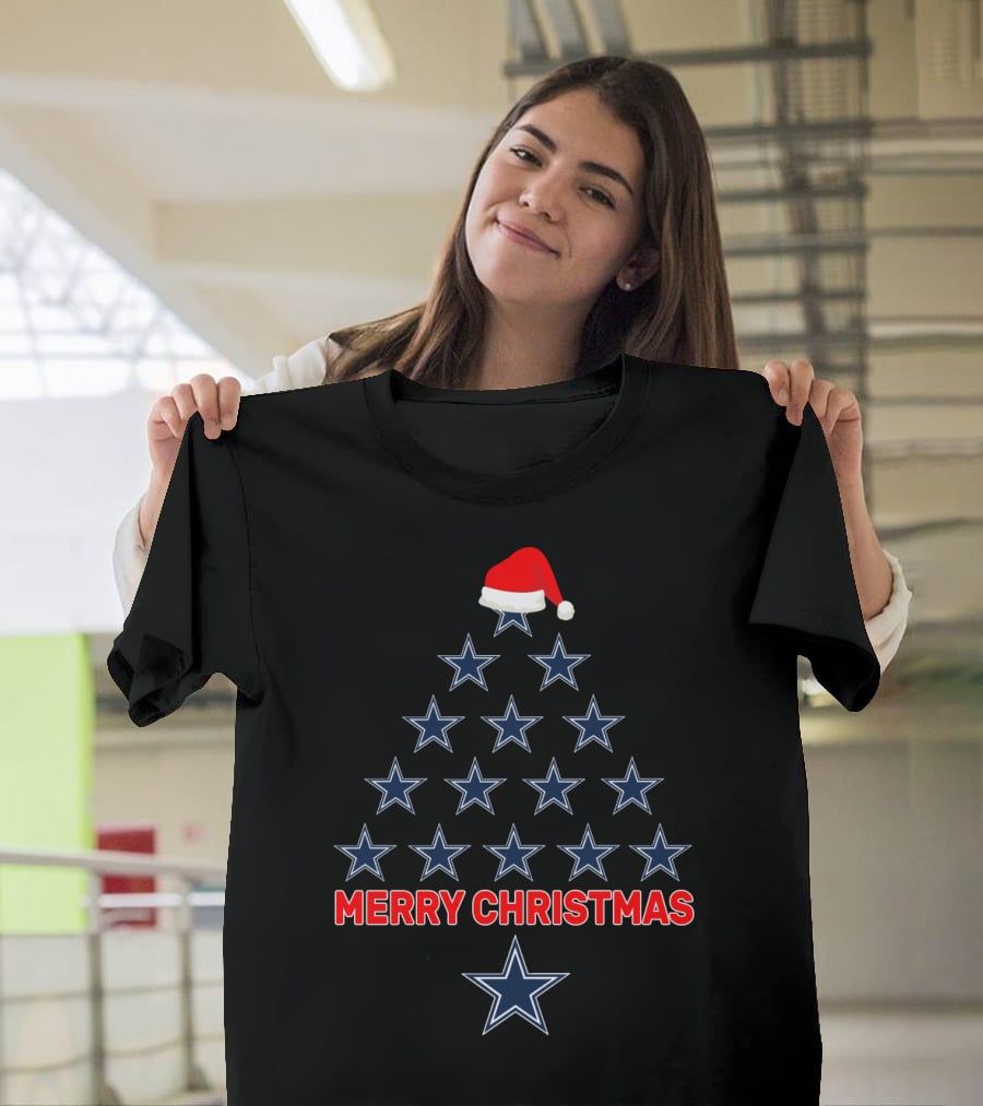 Merry Christmas Dallas Cowboys Stars Tree With Santa Hat T-Shirt