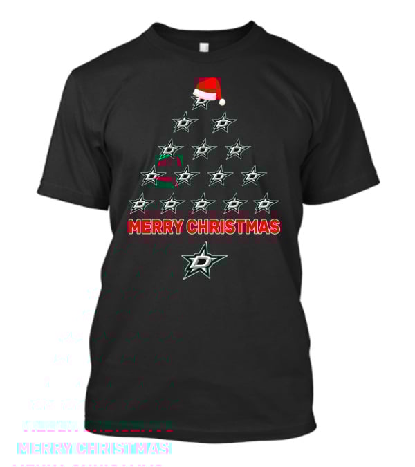 Dallas Stars Merry Christmas Tree With Santa Hat T-Shirt