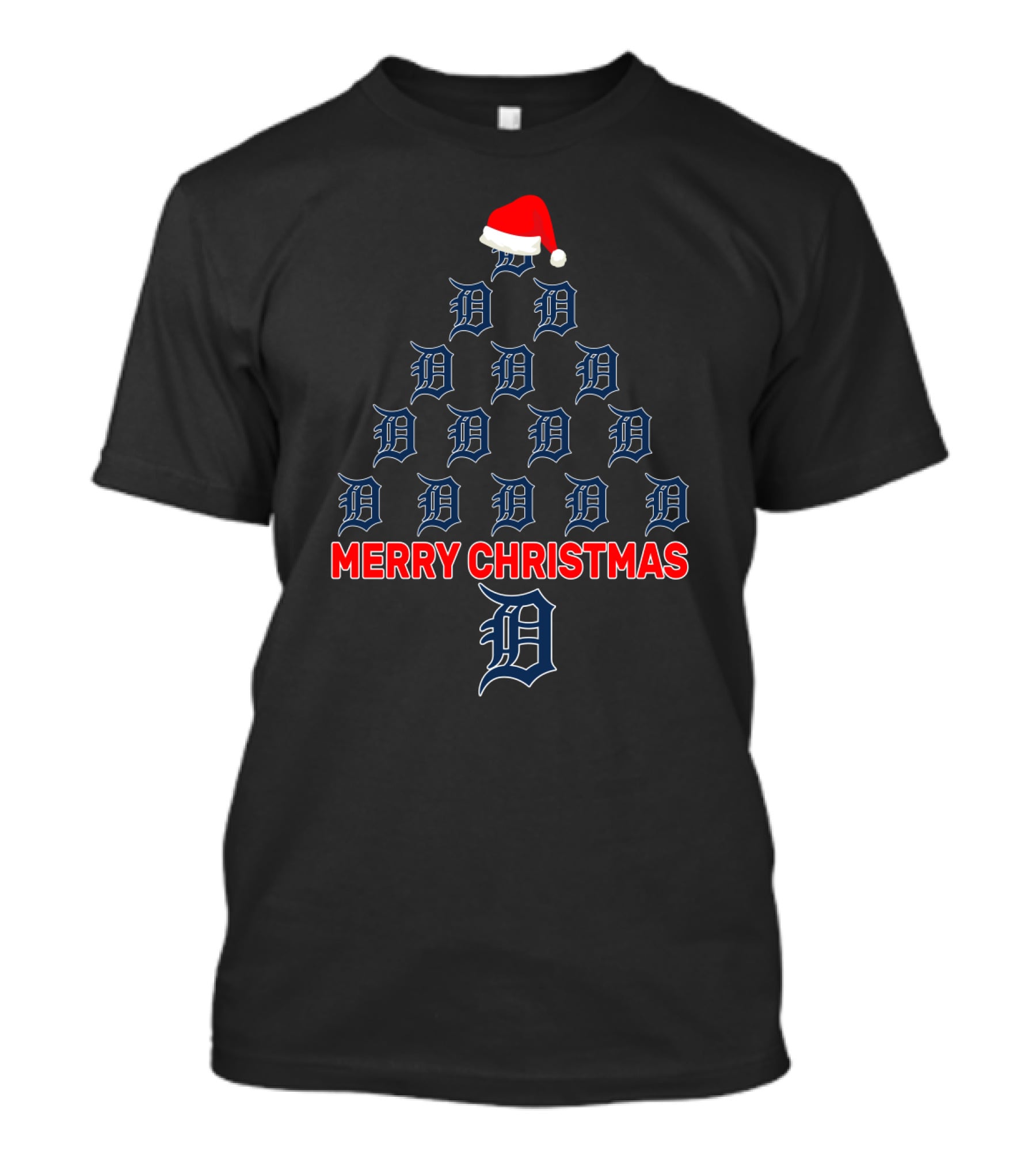 Merry Christmas Detroit Tigers Holiday Tree Design With Santa Hat T-Shirt
