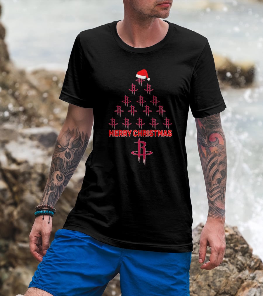 Merry Christmas Tree For Houston Rockets Fans With Santa Hat T-Shirt