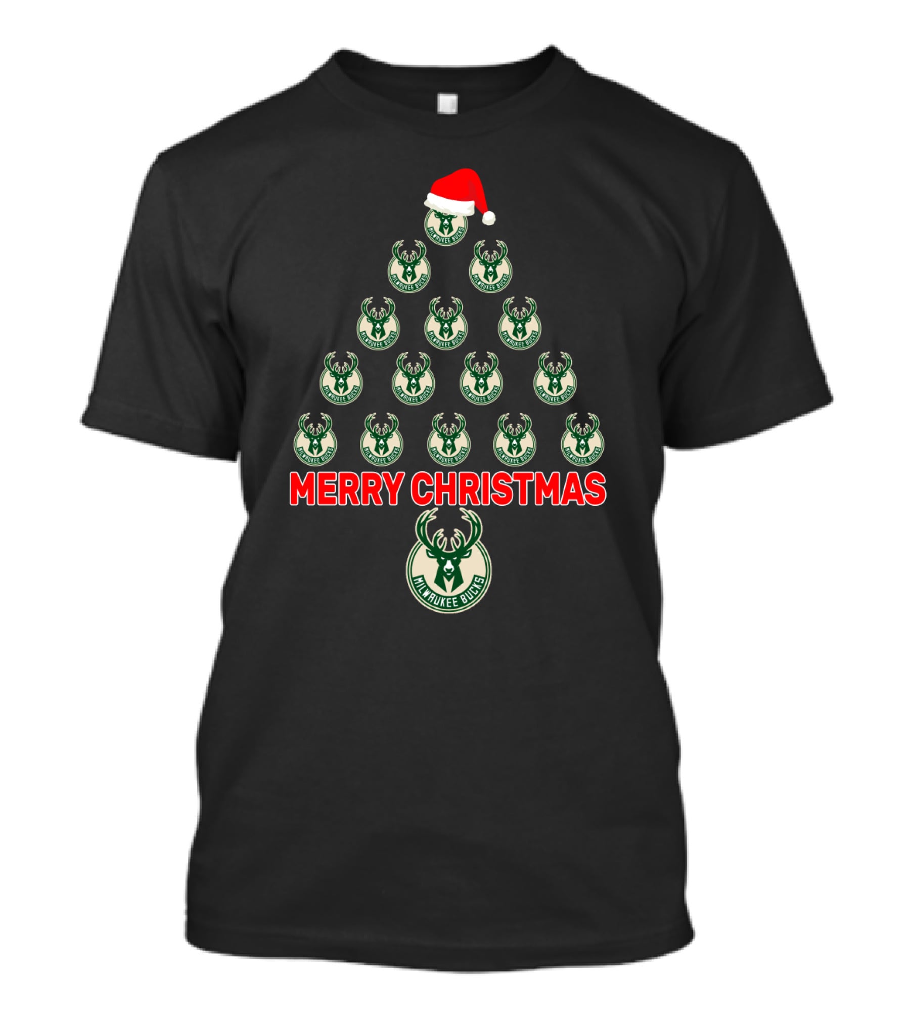 Milwaukee Bucks Merry Christmas Tree Santa Hat T-Shirt