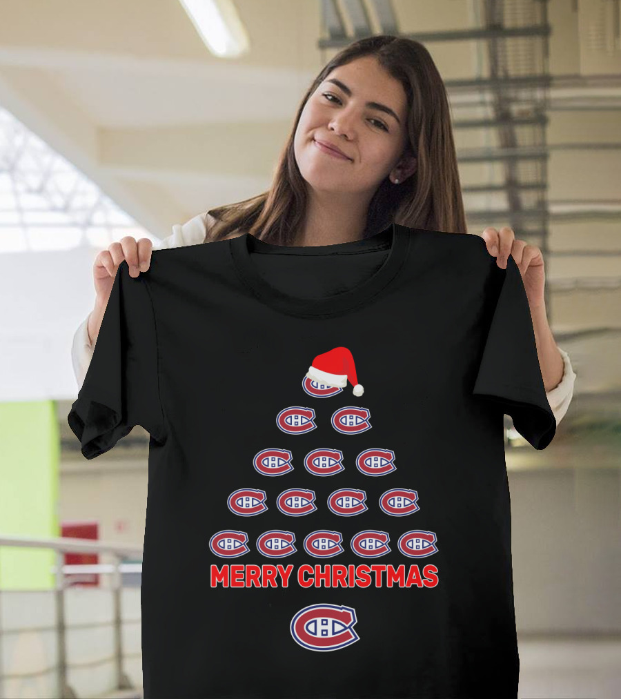 Merry Christmas Montreal Canadiens Tree with Logos and Santa Hat T-Shirt