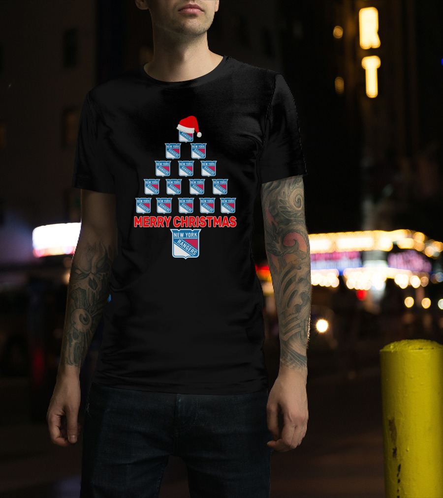 Merry Christmas New York Rangers Logo Tree With Santa Hat T-Shirt